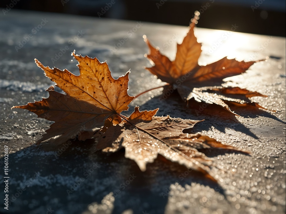 Frozen maple leaves on a table under a rising winter sun. Frozen maple leaves on a table under a rising winter sun.