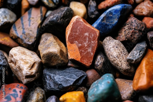 A vibrant mix of stones with unique textures and colors, illustrating nature's artistic palette while highlighting beauty, diversity, and the complexity of geological formations. photo