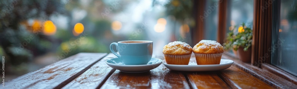 Two cupcakes on a plate next to a cup of coffee Two cupcakes on a plate next to a cup of coffee