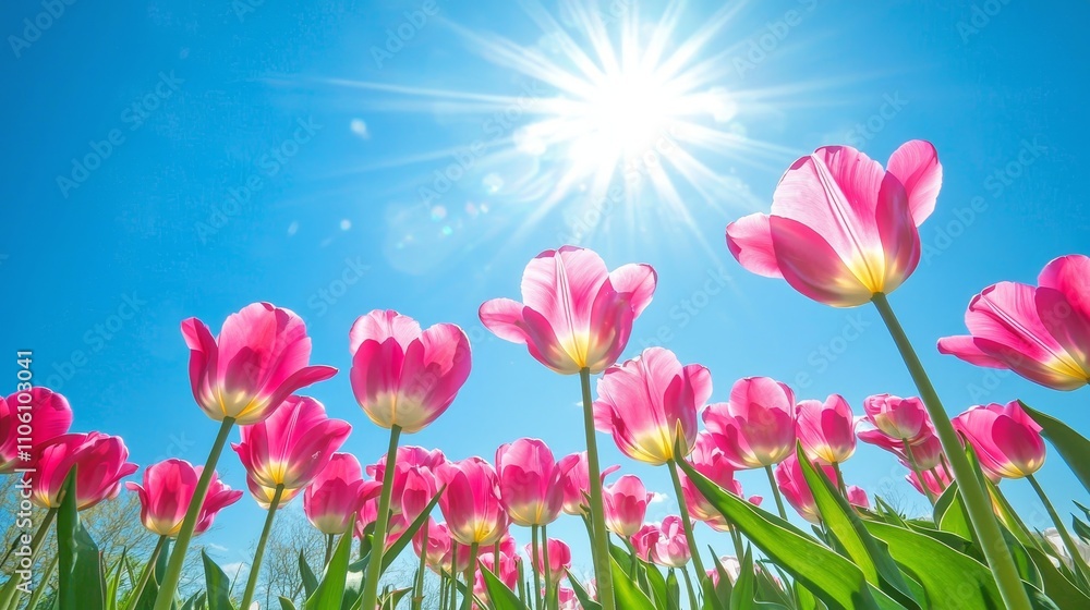 Fototapeta premium Vibrant Field of Blooming Pink Tulips Under Sunlit Sky