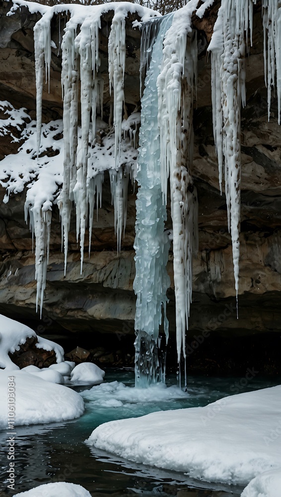 Frozen waterfall cascading with icicles. Frozen waterfall cascading with icicles.