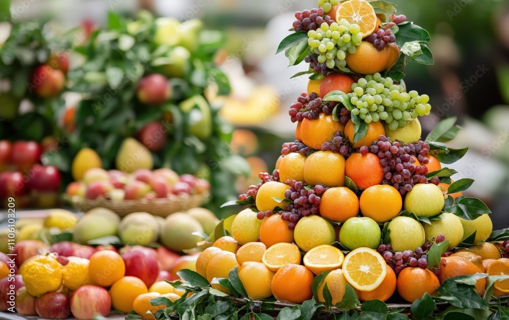Fruit Tree A festive tree built from stacked layers of colorful fruits, like apples, oranges, and grapes, decorated with fresh leaves and berries, in a kitchen or farmers market Fruit Tree A festive tree built from stacked layers of colorful fruits, like apples, oranges, and grapes, decorated with fresh leaves and berries, in a kitchen or farmers market