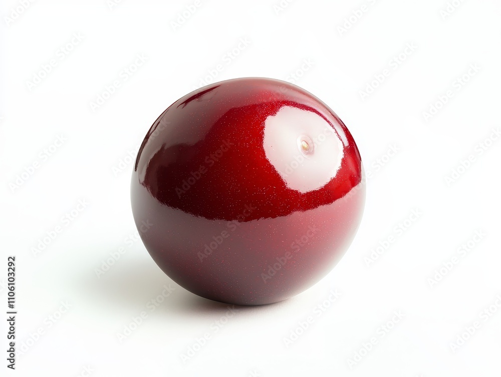 Vibrant red organic cherry with shiny smooth skin and juicy flesh against a clean white background