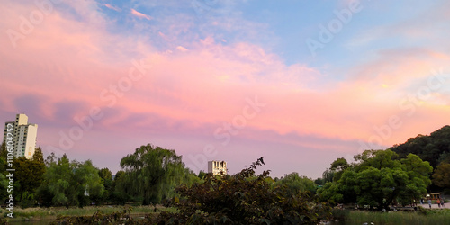 Photography Beautiful landscape with a stunning Sunset, in Boramae Park, in Seoul, Korea