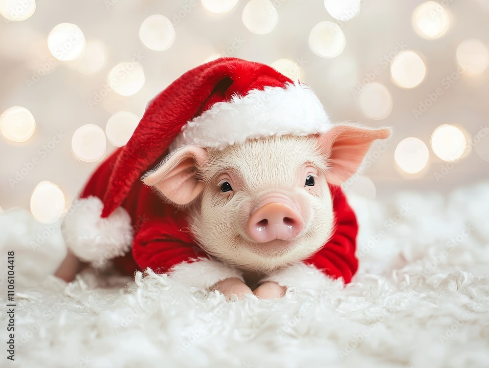 Adorable Baby Piglet in Santa Claus Costume Resting on Soft Fluffy Fur Adorable Baby Piglet in Santa Claus Costume Resting on Soft Fluffy Fur