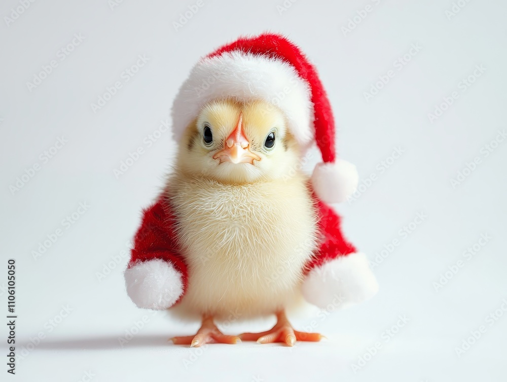 Adorable Fluffy Baby Chick Dressed in Santa Claus Costume with Red Hat Adorable Fluffy Baby Chick Dressed in Santa Claus Costume with Red Hat