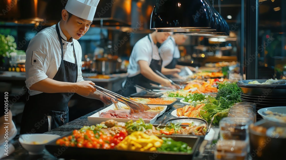 People group catering buffet food indoor in restaurant with meat colorful fruits and vegetables. world winning photo created by ai People group catering buffet food indoor in restaurant with meat colorful fruits and vegetables. world winning photo created by ai