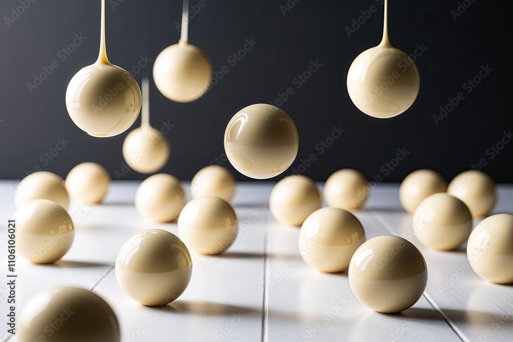 Smooth Melted White Chocolate Spheres Dancing Over a White Field Smooth Melted White Chocolate Spheres Dancing Over a White Field