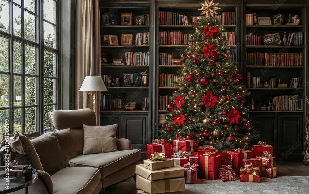 Obraz premium Library Warmth A home library with built-in bookshelves, a cozy reading nook, and a tall Christmas tree decorated in red and gold, with gift boxes wrapped in vintage-style paper