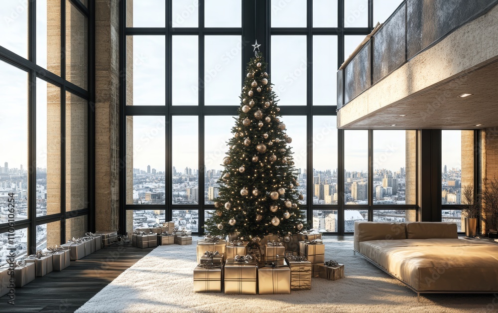 Loft with a View A modern loft apartment with high ceilings, a tall Christmas tree decorated with metallic ornaments, and large windows showcasing a snowy cityscape, with gifts stacked neatly below Loft with a View A modern loft apartment with high ceilings, a tall Christmas tree decorated with metallic ornaments, and large windows showcasing a snowy cityscape, with gifts stacked neatly below