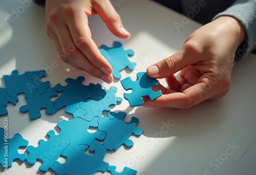 Two hands delicately grasp a vibrant blue puzzle piece, poised to fit it into a scattered collection of similar pieces on a sunlit table. The scene radiates a sense of focus and tranquility, inviting photo