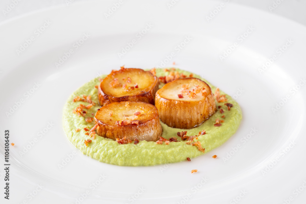 Fried eryngii wit green pea sauce Fried eryngii wit green pea sauce