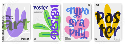 Creative poster collection featuring abstract typography and colorful design elements for modern projects. Minimalist vector graphics, and modern color.Design for  ads, branding, banner, cover