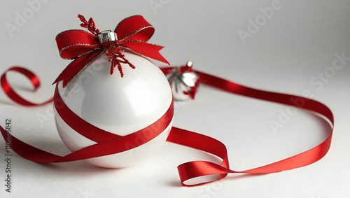 A white Christmas ball with ribbon of red color generated by AI