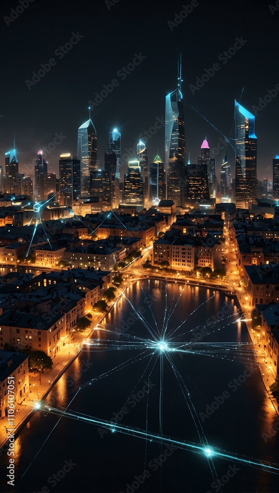Obraz premium Futuristic business network with luminous connections in a cityscape.