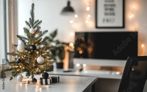 Minimalist Workspace A small, elegantly decorated Christmas tree with monochrome ornaments and fairy lights, placed on a modern desk in a sleek, minimalistic home office