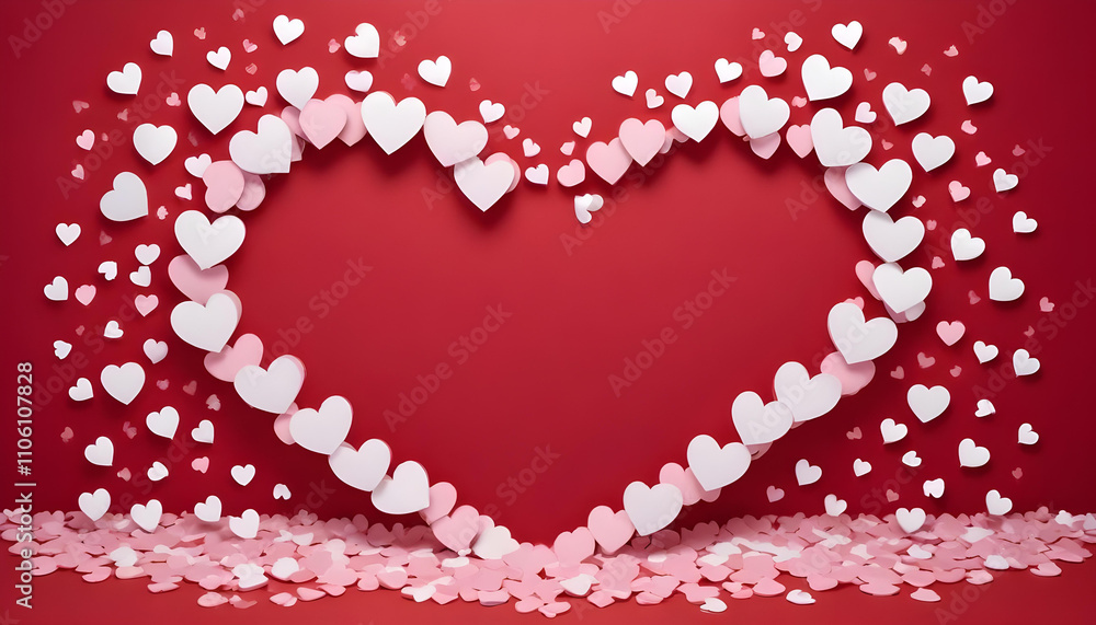 A large pink heart-shaped frame with smaller white hearts floating around it on a red background A large pink heart-shaped frame with smaller white hearts floating around it on a red background