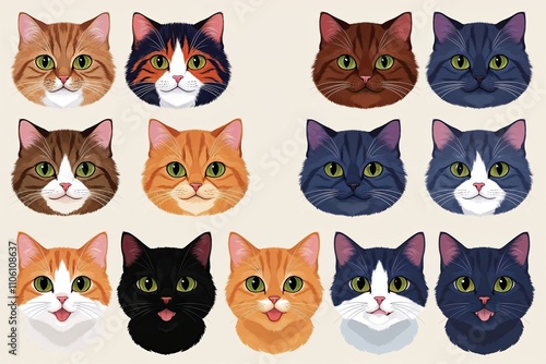 Colorful Cute Cat Face Illustrations Collection of Playful Feline Art