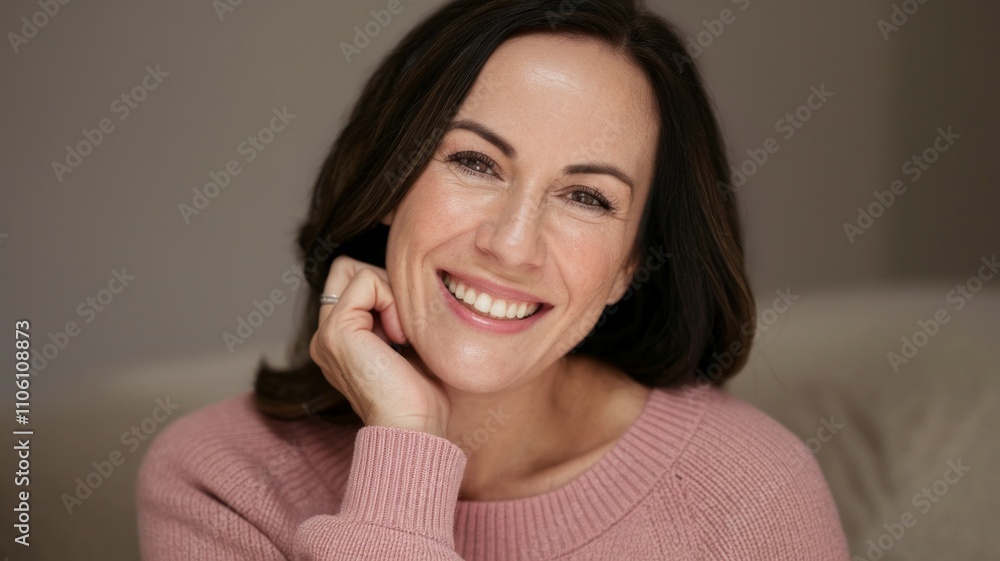 Headshot of a radiant middle-aged woman smiling brightly indoors. The cheerful woman, with a healthy and confident smile, appears delighted as a new renter, tenant, or buyer Generative aI