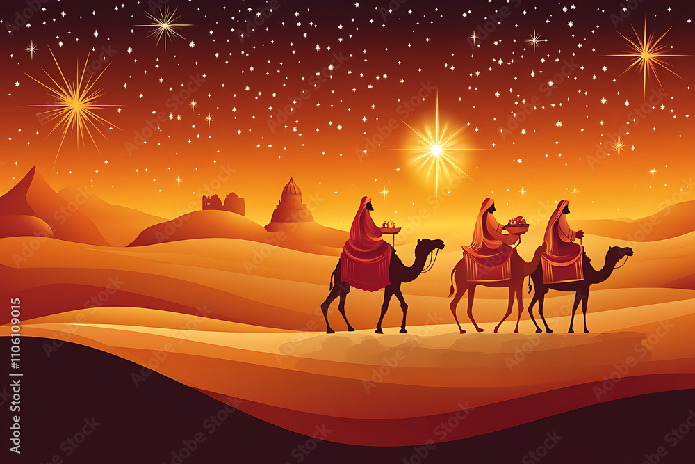 Three wise men on camels, journeying through a moonlit desert under a radiant star. Ideal for Christmas cards, religious content, and holiday illustrations Three wise men on camels, journeying through a moonlit desert under a radiant star. Ideal for Christmas cards, religious content, and holiday illustrations