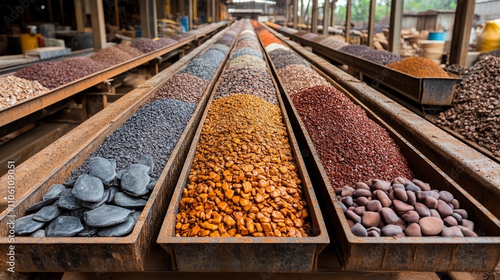 A variety of stones and rubble on a metal pallet. The mining industry demonstrates samples of minerals. A variety of stones and rubble on a metal pallet. The mining industry demonstrates samples of minerals.