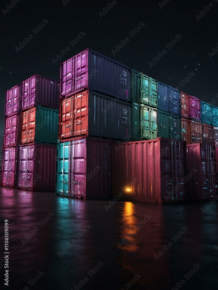 Fototapeta premium Futuristic digital cargo containers glowing in neon lights.