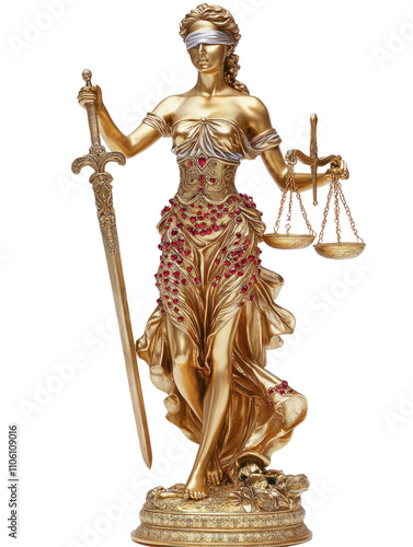 Gold Antique Statue of Lady Justice with scales and sword. PNG isolated on transparent background