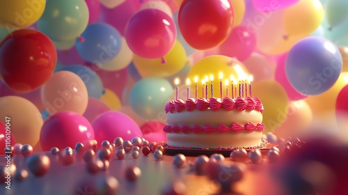 Festive birthday celebration with a rainbow of colorful balloons, floating in the air, a decorated birthday cake with lit candles, soft lighting and joyful mood