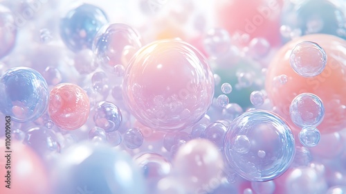 A vibrant array of colorful bubbles floating in a soft, dreamy background.