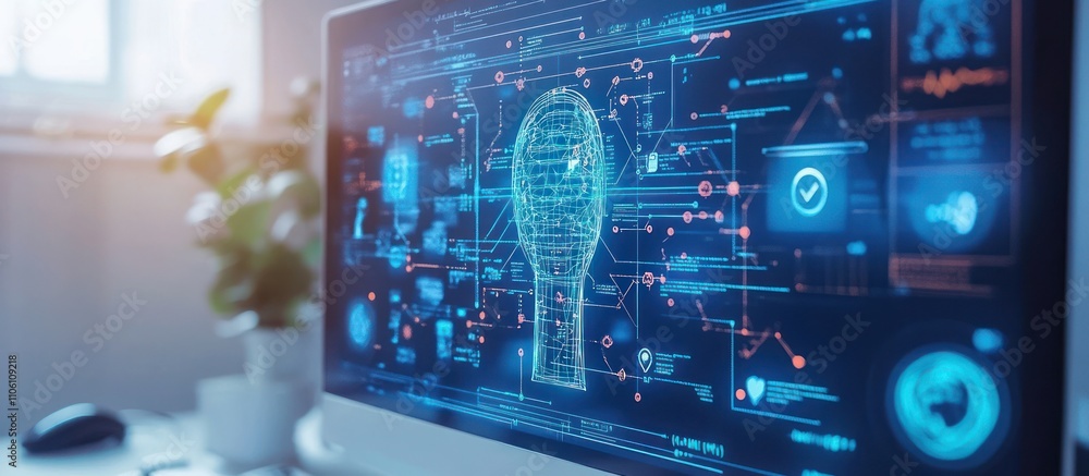 A computer screen with a digital representation of a brain with a complex network of data connections. A computer screen with a digital representation of a brain with a complex network of data connections.