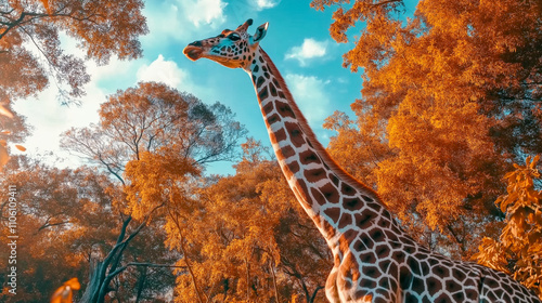 A stunning giraffe stands tall among vibrant autumn foliage showcasing its unique patterns against a backdrop of golden and orange leaves embodying natures beauty photo