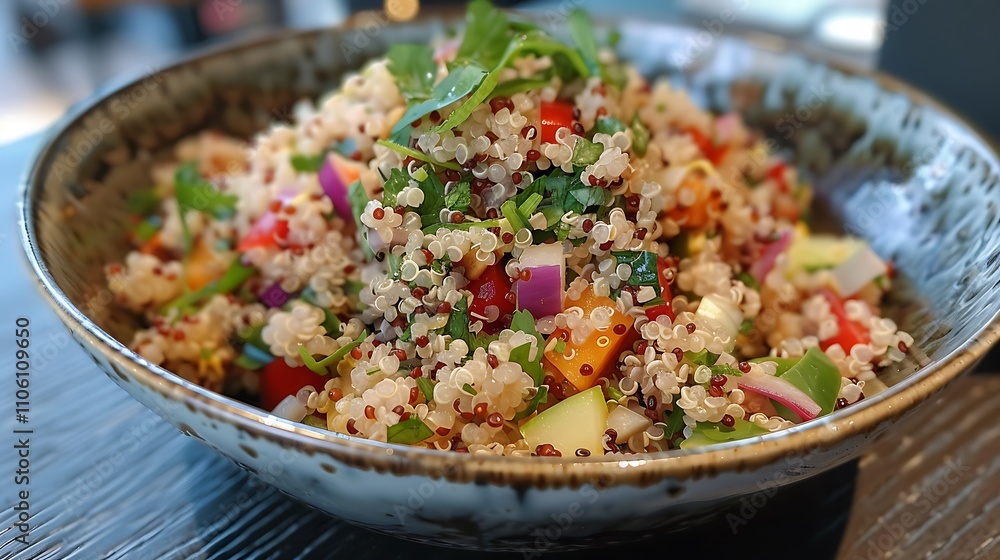 Quinoa salad with fresh veggies served in a bowl at a healthy cafe restaurant Quinoa salad with fresh veggies served in a bowl at a healthy cafe restaurant