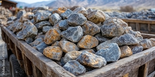 A wooden cart filled to capacity with an array of colorful rocks sits in a picturesque quarry surrounded by mountains in bright daylight photo