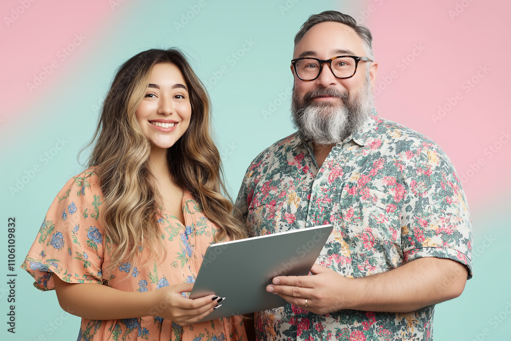 Couple poses together, smiling and holding a tablet in a colorful setting. Generative AI Couple poses together, smiling and holding a tablet in a colorful setting. Generative AI