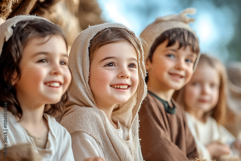 Children reenacting the nativity story in a school play, with handmade costumes and joyful expressions. Perfect for Christmas cards, educational content, and family-focused campaigns Children reenacting the nativity story in a school play, with handmade costumes and joyful expressions. Perfect for Christmas cards, educational content, and family-focused campaigns