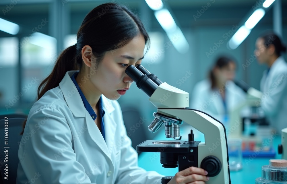 Asian female scientist in a white lab coat using a microscope. Modern science laboratory Asian female scientist in a white lab coat using a microscope. Modern science laboratory
