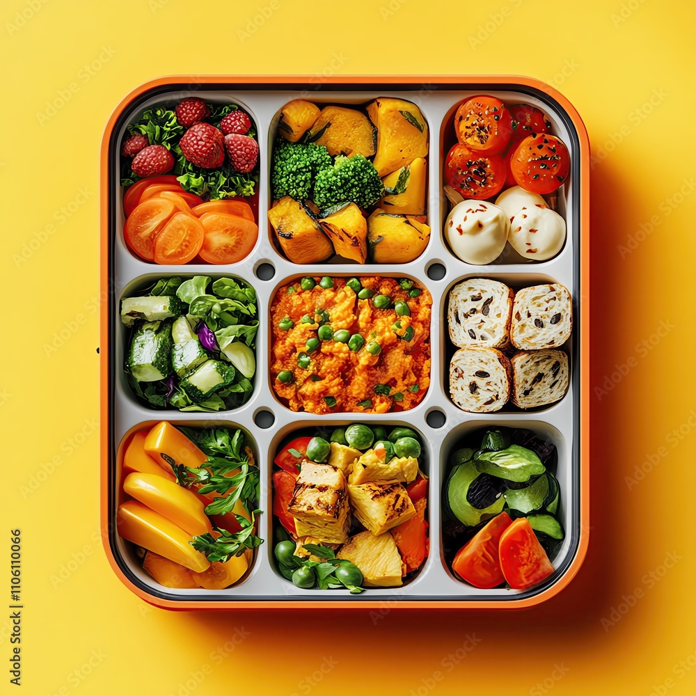 Healthy Menu Ideas dynamic 3D render of a lunchbox with neatly arranged healthy dishes, shot from above with vibrant colors and realistic textures Healthy Menu Ideas dynamic 3D render of a lunchbox with neatly arranged healthy dishes, shot from above with vibrant colors and realistic textures