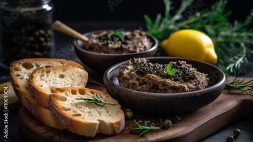 A rustic plate with a portion of black olive tapenade, creamy texture with visible chunks of capers and fresh herbs, served alongside golden, crunchy toast on a wooden board