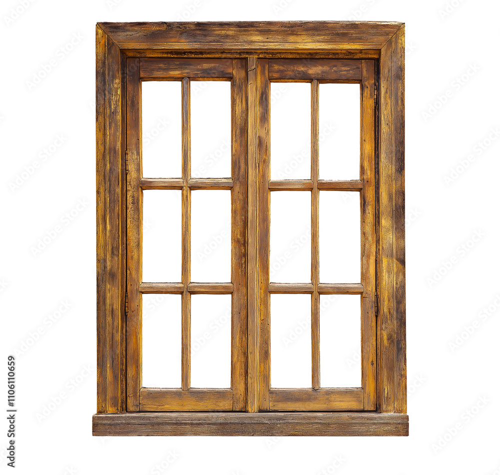weathered old wooden window frame, cutout weathered old wooden window frame, cutout
