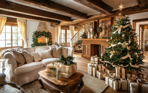 Rustic Modern A warm  rustic-modern home with exposed wooden beams  a Christmas tree with natural and gold accents  and presents wrapped in burlap and ribbons