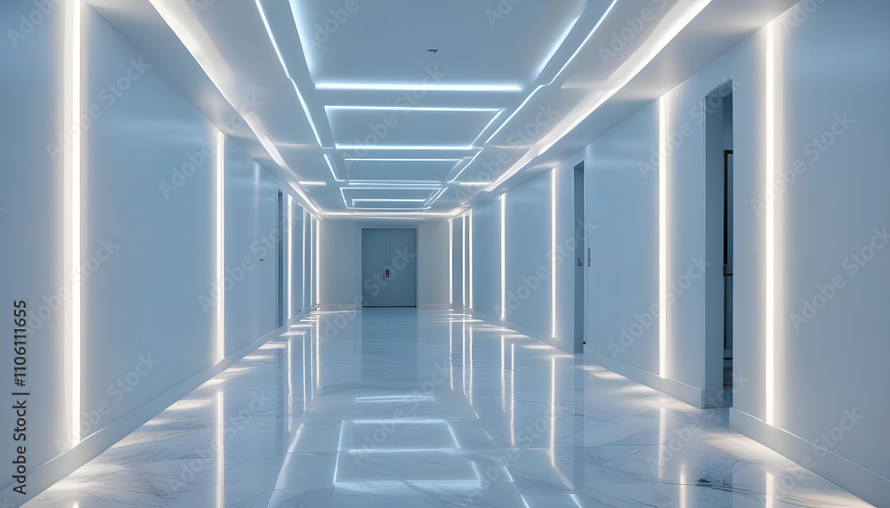 A long, white, minimalist hallway with rows of square ceiling lights and a vanishing point perspective A long, white, minimalist hallway with rows of square ceiling lights and a vanishing point perspective
