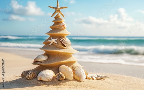 Sand Tree A sculpted Christmas tree made from golden sand, with seashells, starfish, and driftwood as ornaments, placed on a sunny beach