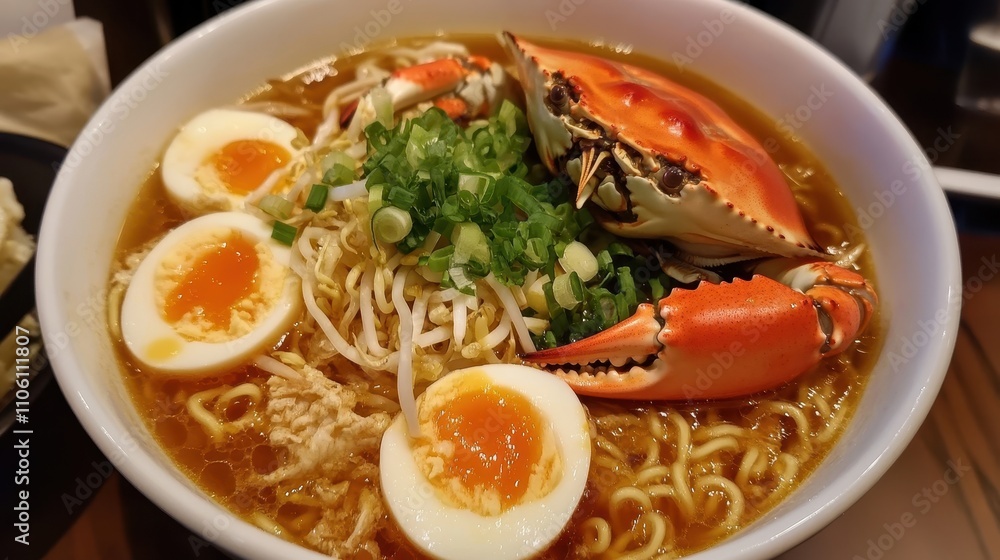Flavorful Crab Ramen Bowl with Rich Broth and Toppings Flavorful Crab Ramen Bowl with Rich Broth and Toppings