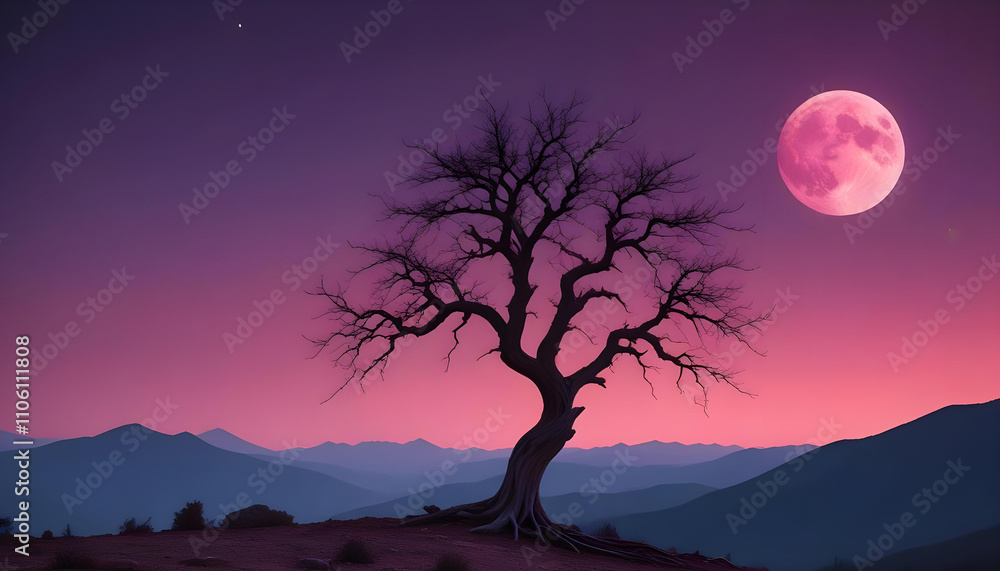 A lone, twisted tree silhouetted against a large, glowing pink moon in a dramatic, moody purple and red sky with mountains in the background A lone, twisted tree silhouetted against a large, glowing pink moon in a dramatic, moody purple and red sky with mountains in the background
