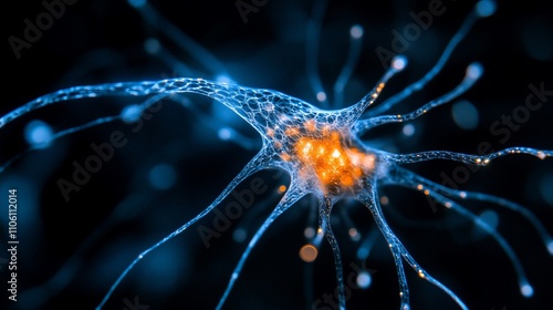 Detailed microscopic view of a neuron, showcasing its complex structure with branching dendrites and axon terminals, highlighting the intricate network of neural connections. photo