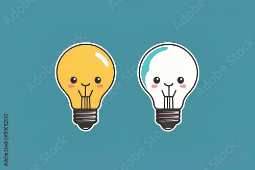 two creative light bulbs, one glowing yellow and the other plain white, minimalist design
