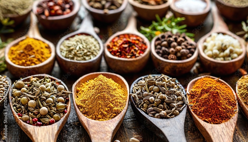 Assorted spices in little wooden spoons. Assorted spices in little wooden spoons.
