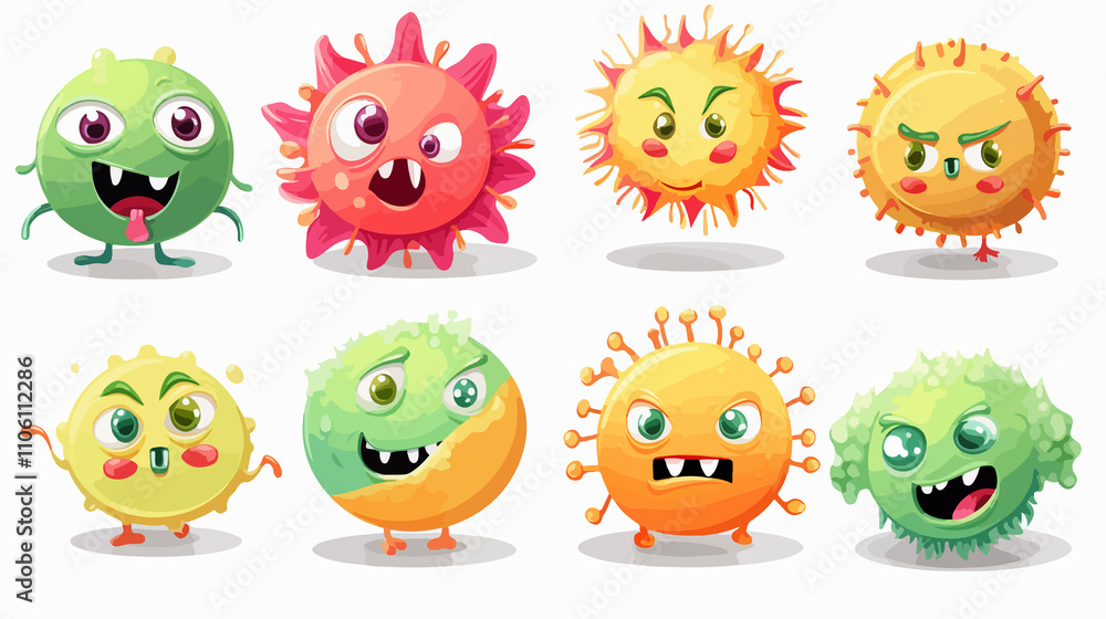 Obraz premium Cute Cartoon Character Design of a Coronavirus Cell with a Happy Expression