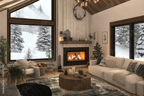 Cozy Cabin Living Room Winter Fireplace Scene