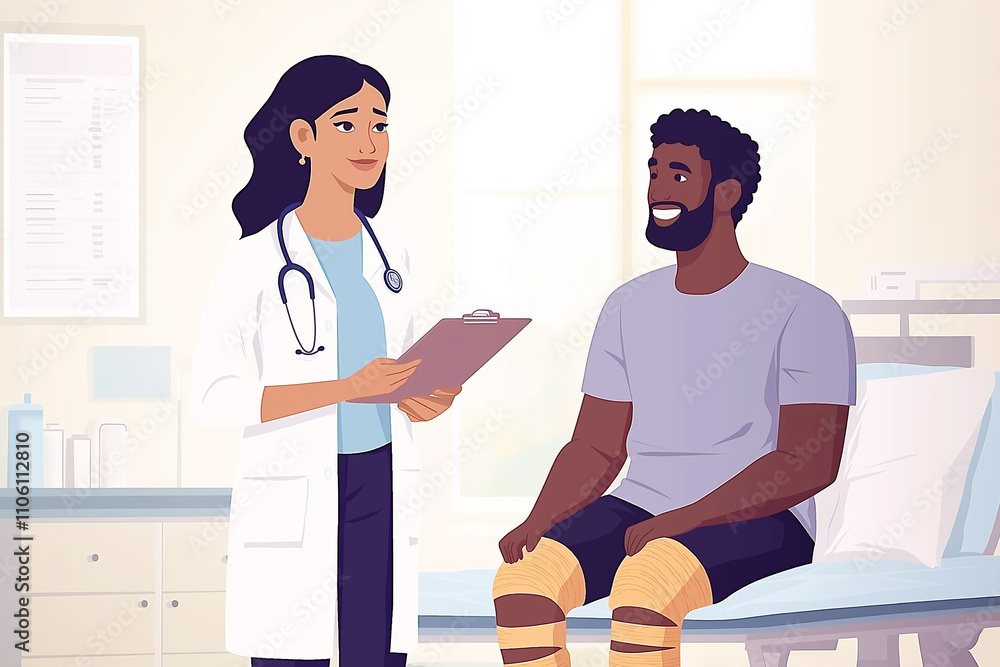 Fototapeta premium A healthcare provider discusses treatment plans with a patient sitting on an examination table